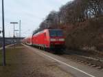 146 021 als RE 1 Hamm (Westf.) - Aachen Hbf bei der Ausfahrt aus Stolberg (Rheinl.) Hbf. 01.03.2009