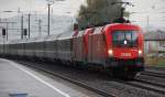 Doppelbespannung vor einem EC. 1116 008-2 + 1116 ..., aufgenommen bei der Durchfahrt in strmendem Regen durch den Bahnhof Seekirchen am Wallersee, am 12.10.09.