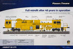 Factsheet zu dem Retrofit von Plasser & Theurer der Universalstopfmaschine 08-275 Unimat 3S des estnischen Gleisbauunternehmen GoTrack, hier am 20 Mai 2025 auf der 29. Internationale Ausstellung Fahrwegtechnik 2025 (iaf) in Münster.