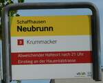 (255'305) - VB/SH-Haltestellenschild - Schaffhausen, Neubrunn - am 17. September 2023