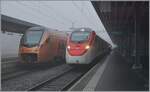 Bahnfotografie im Winterhalbjahr bei  schönem  Hochdruckwetter hat öfters seine Tücken: entweder ist es neblig wie hier, oder das Tal durch welches die Bahn fährt, liegt im Schatten... Im nebligen Arth-Goldau wartet der SOB RABe 526 227 als IR 2010 (Voralpenexpress) auf die Abfahrt nach Luzern und der SBB Giruno RABe 501 022  Waadt / Vaud  als IC 21 10663 auf die Reise über die Gotthard Panorama Strecke nach Lugano.

21. Januar 2025 