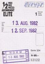 Eine 1-Monatige Halbpreisabonnements-Karte zum Preis von Fr. 65.-
von 1982. Heute kostet ein zwlf-monatiges 1/2 Abt. CHF. 150.-, also wesentlich weniger als vor 27 Jahren.