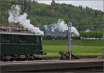 Brauereifest Feldschlösschen.

Der Sandwichzug mit E 2/2 8666 'Chnurrli' und E 3/3 8512 auf Pendelfahrt Rheinfelden-Feldschlösschen. April 2025.
