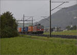 Auf der Schweizer Gubahn. 

Re 4/4 II 11240 ist mit einigen Containern ostwrts unterwegs. Oensingen, Oktober 2024.