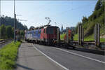 Re 6/6 11660 'Tavannes' fährt vom Gleisanschluss der Krono AG zum Bahnhof Menznau aus. August 2025.