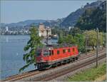 In rechte gepflegtem rot zeigt sich die SBB Re 6/6 11637 (Re 620 037-2)  Sonceboz-Sombeval  kurz nach Villeneuve beim Château de Chillon als Lokzug auf der Fahrt in Richtung Lausanne. 30. Juni 2025