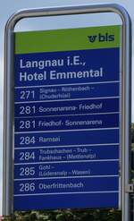 (274'358) - bls-Haltestellenschild - Langnau i.E., Hotel Emmental - am 28. April 2025
