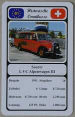 (269'379) - Quartett-Spielkarte mit Saurer L 4 C Alpenwagen III von 1951 am 24. November 2024 in Thun