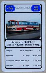 (279'130) - Quartett-Spielkarte mit Auwrter - NEOPLAN NH 18 K Kombi Typ Hamburg von 1970 am 17. August 2025 in Thun