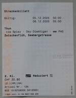 (284'336) - SBB/PAG- Einzelbillet vom 5. Dezember 2025 am 25. Januar 2026 in Thun