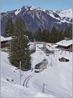 Währen der Be 4/6 nach der Grütschalp sich dem Bahnhof von Winteregg nähert, wartet dort schon der Gegenzug nach Mürren. 

18. Februar 2025