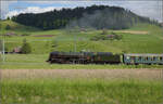 150 Jahre Emmentalbahn. 

141-R-1244 auf der RSHB-Strecke im Rahmen der grossen Emmentalrundfahrt zum Jubilum. Ordentlich randalierend verlsst der Zug Grnenmatt, Mai 2025.