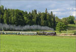 150 Jahre Emmentalbahn. 

141-R-1244 auf dem Rckweg von der grossen Emmentalrundfahrt anlsslich des Jubilums. Am Ortsausgang Menznau findet die Sonne ein Wolkenloch, freie Sicht auf die Strecke und die Strasse ist ohne Verkehr. Menznau Tuetisee, Mai 2025.