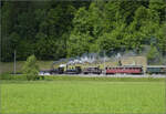 150 Jahre Emmentalbahn. 

Fotogene Vorbeifahrt von E 3/3 853 der Jura-Simplon und Ed 3/3 3 'Langnau' der Emmentalbahn mit ihrem Sonderzug auf der Bern-Luzern-Bahn. Emmenmatt Ried, Mai 2025.