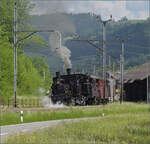 150 Jahre Emmentalbahn. 

Vor der Ausfahrt Richtung Konolfingen müssen E 3/3 853 der Jura-Simplon und Ed 3/3 3 'Langnau' der Emmentalbahn mit ihrem Sonderzug auf das richtige Gleis rangieren. Emmenmatt, Mai 2025.