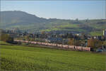 Sonnentag in Frick.

Leerer Rübenzug mit 186 452 und 186 910 und gepflegten wenn auch verbeulten offenen Güterwagen. Hier ein Blich auf die lange Schlange der Eas 066-Wagen von TSS Cargo. Frick, November 2024.