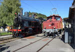 150 Jahre Tösstalbahn.

Zwei Züge mit Ee 3/3 16363 und Eb 3/5 9 warten auf den Gegenzug mit Ed 3/3 401 in Bäretswil. September 2025.