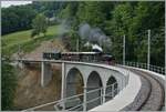 Festival Suisse de la vapeur (Schweizer Dampffestival 2025) - Die SEG 2x 2/2 105 der Blonay Chamby Bahn erreicht mit ihrem Dampfzug auf der Fahrt von Blonay nach Chaulin den Baye de Clarens Viadukt; unübersehbar der frisch revidierte GFM  Wagen gleich hinter der Lok. 

9. Juni 2025



   