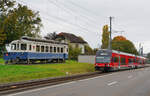 Kurz nach Verlassen des Bahnhofs Ins Dorf fahren die Be 2/6 510 und 503 am 11.10.2025 am ehemaligen BTI-Triebwagen BDe 4/4 5, später BRe 4/4 516 und heute Restaurant 'Ankerstube', vorbei