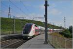 Ein TGV Lyria ist auf der Fahrt nach Paris Gare de Lyon und fährt durch die Haltestelle Russin der Grenze entgegen. 

26. Aug. 2024