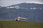 Flirt 3 RABe 523 101 'Le Day' bergwärts bei Arnex-sur-Orbe. Dezember 2025.