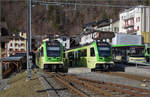 ABe 4/8 471 und 472 der ASD treffen sich im Kopfbahnhof Le Sepey. Der Bus rechts wird uns zur n�chsten Bahn nach Leysin bringen. Januar 2026.