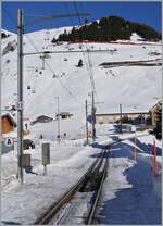 Zwei MGB  Orion  mit dem ABeh 8/12 310 an der Spitze sind weit oberhalb von Andermatt auf dem Weg in Ursenental. Der Zug ist als R 45 839 von Disentis (ab 13:14) nach Andermatt (an 14:22) unterwegs. 

21. Januar 2025