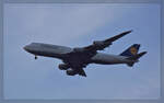 D-ABYS, eine Boing 747-830 von Lufthansa schwebt nach Frankfurt Flughafen ein. Neu-Isenburg, Juli 2024.