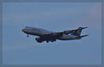 D-ABYD, eine Boing 747-830 von Lufthansa schwebt nach Frankfurt Flughafen ein. Neu-Isenburg, Juli 2024.