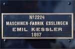 DVZO Dampffest 2017.

Fabrikschild der E 3/3 4 'Schwyz' mit Nr. 2224 der Maschinen-Fabrik Esslingen, Emil Kessler, 1887. Bäretswil, Oktober 2017.